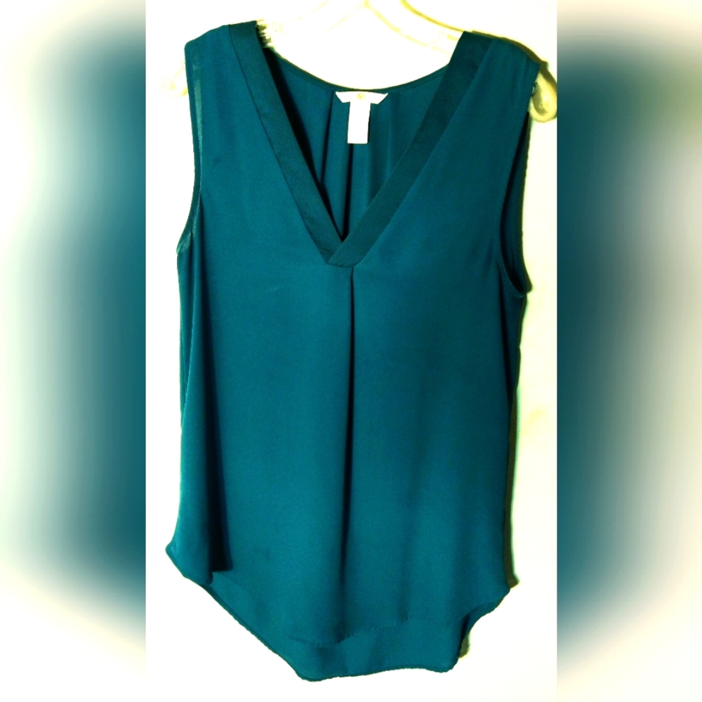 H & M WOMEN'S MISSES SIZE 10 DARK TEAL GREEN SLEEVELESS TOP SEMI SHEER V-NECK